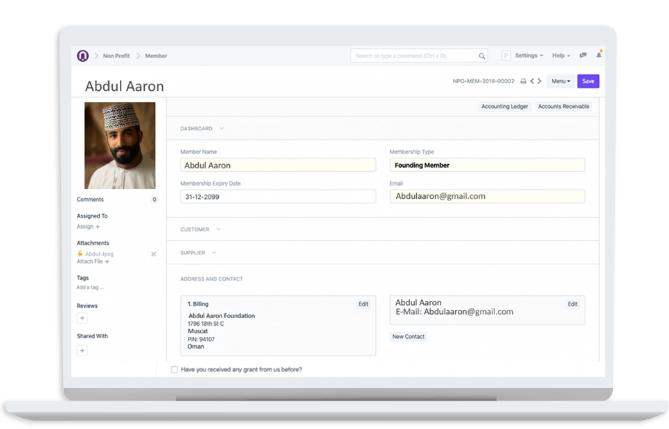 a contact profile within SowaanERP, an enterprise resource planning software,