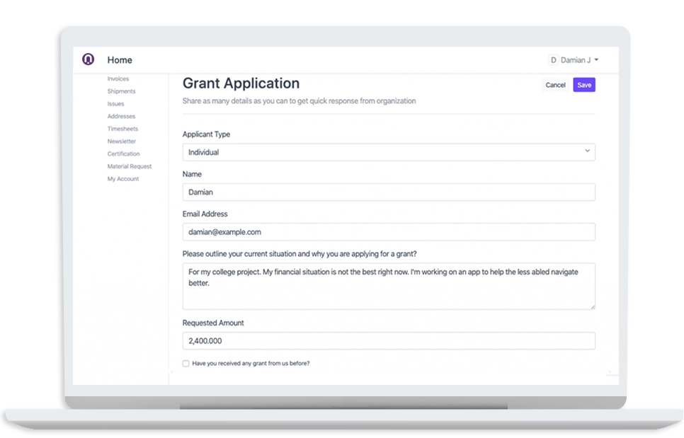 a user interface for a grant application form.