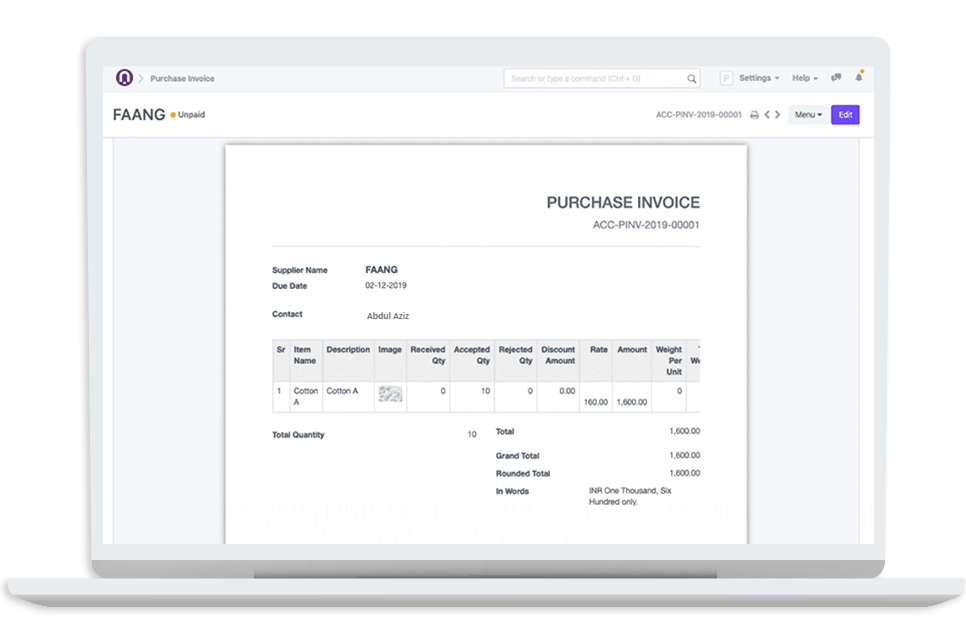 a digital purchase invoice from an Enterprise Resource Planning (ERP)