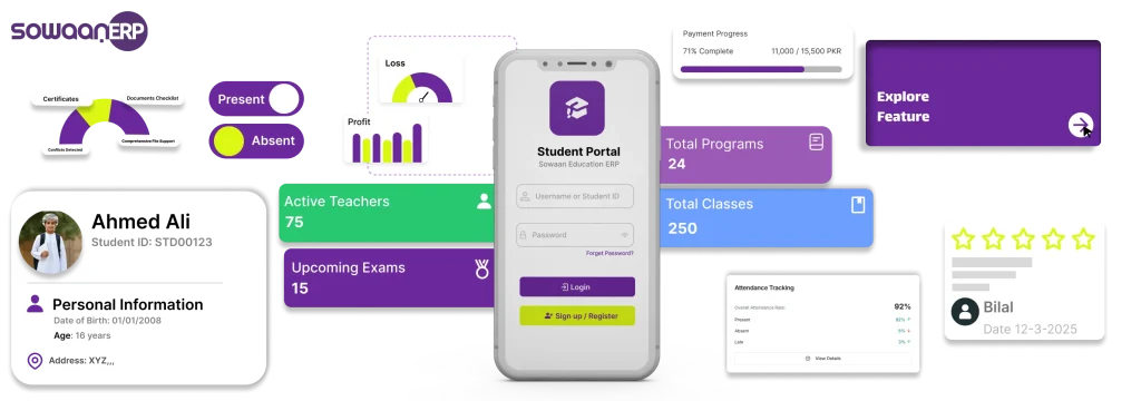 a user interface design for a school management system called Sowaan ERP
