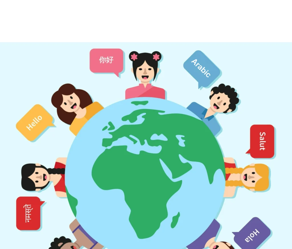 a vector illustration depicting people from different parts of the world using various languages