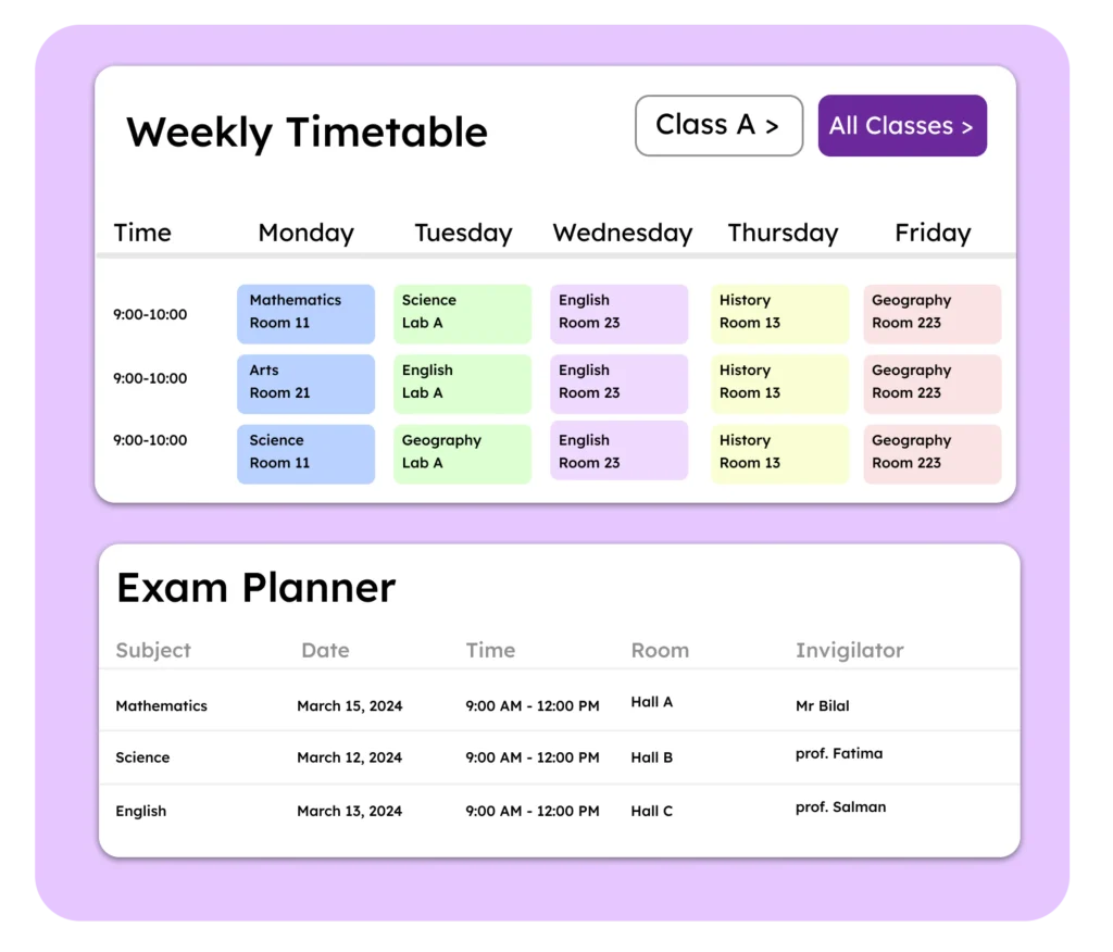 a weekly class timetable and an exam planner