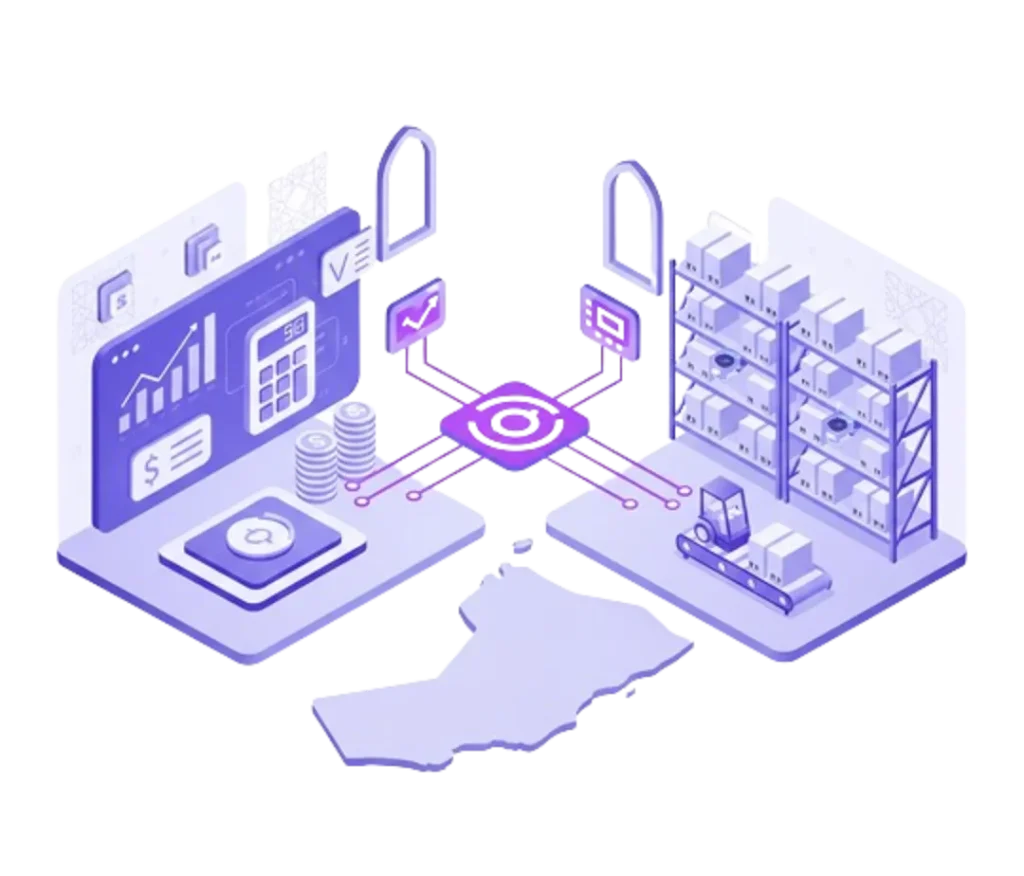 an isometric illustration representing the concept of a digital workflow or supply chain management system