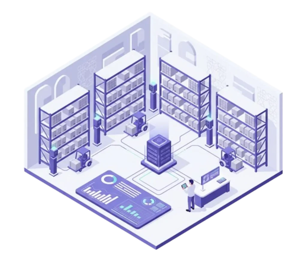 an isometric illustration of a data center or server room operation.