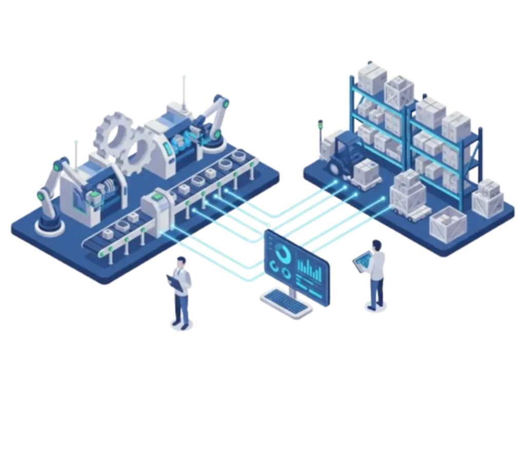 an isometric illustration of a smart factory or intelligent manufacturing system,